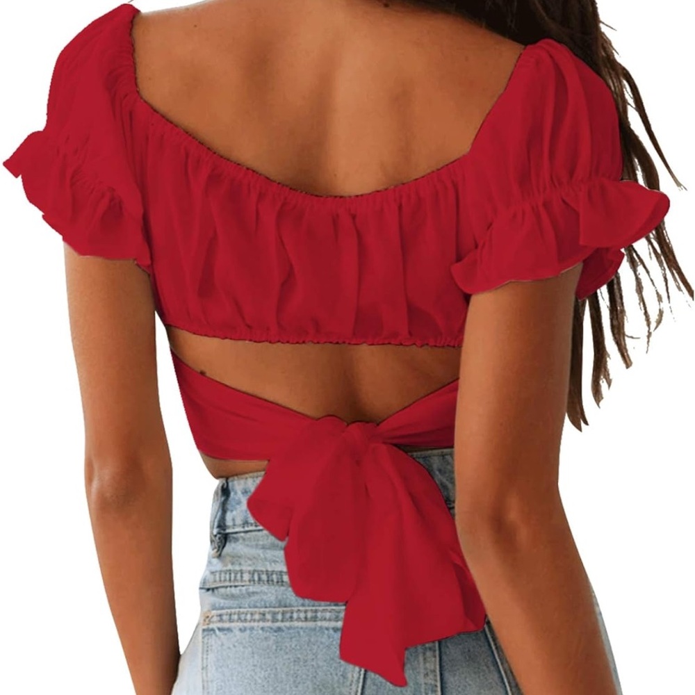 WORN ONCE red crop top ruffle sleeve with back bow tie - Picture 2 of 3